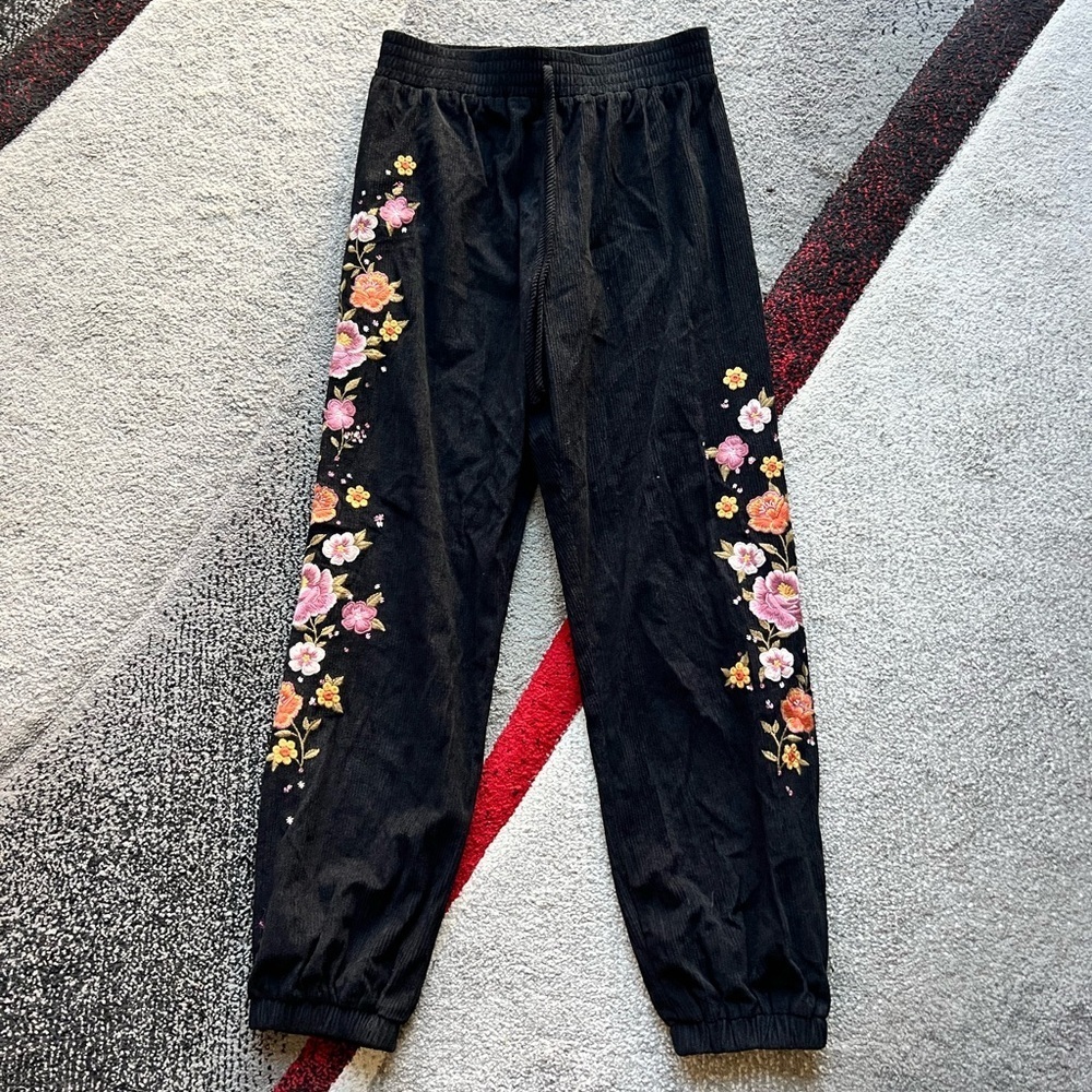 Savanna Jane Black Corduroy Floral Embroidered Joggers - Picture 1 of 4